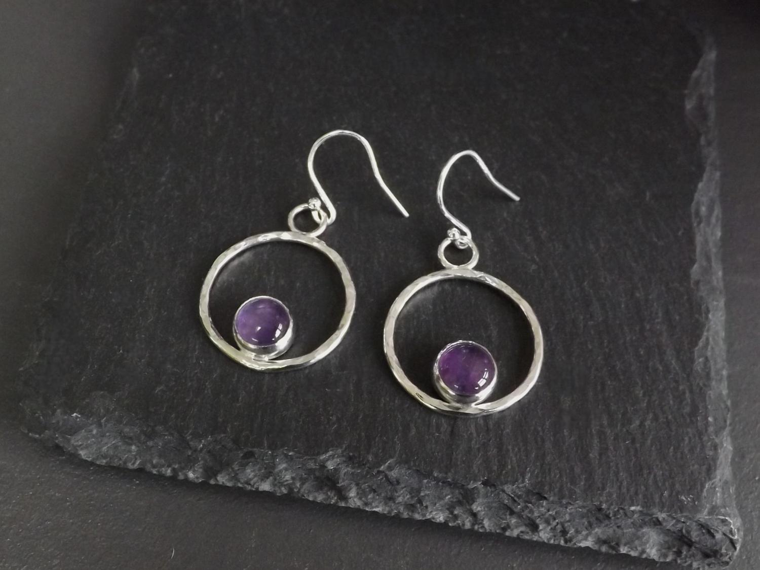 Amethysts in Hammered Silver Hoops Dangly Earrings